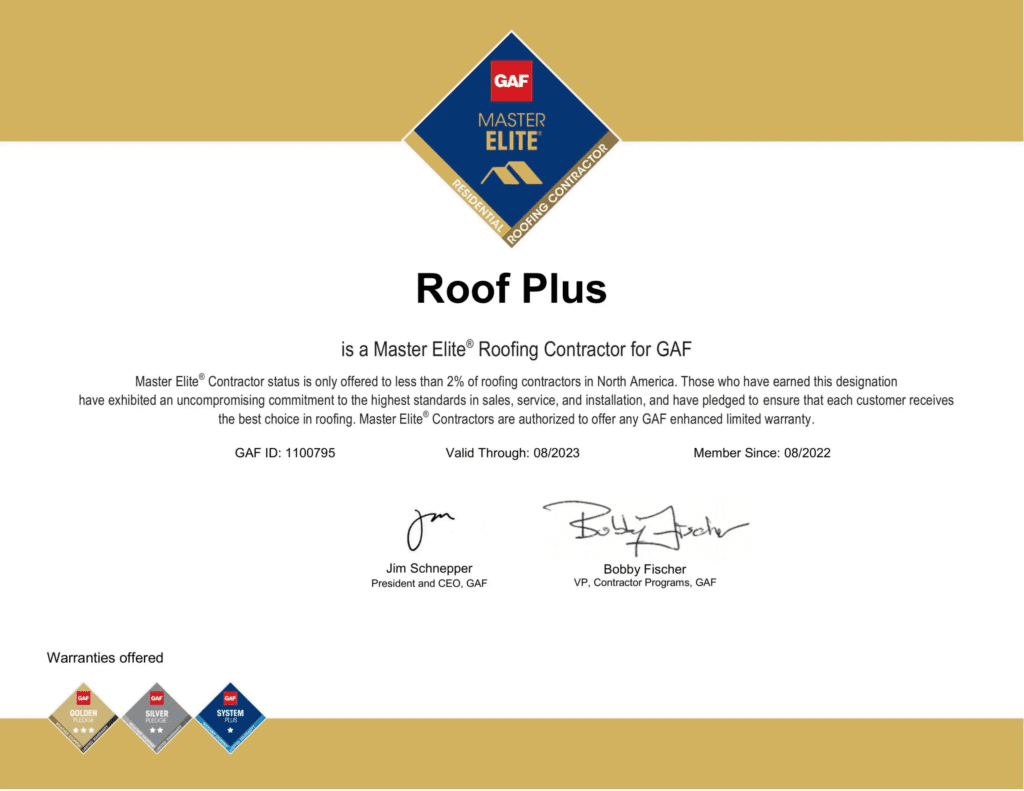 Roof Plus Master Elite Roofing Contractor Certificate